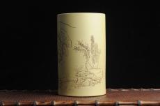 紫砂壶图片：美筒特惠 精品山水高帽笔筒一式 老师不打草稿直接空刻 一气呵成  - 紫砂壶之家